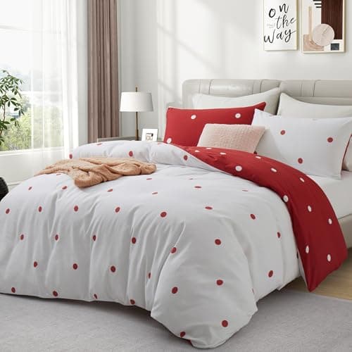 Image of Hafaa Double Duvet Set Soft Printed Bedding Set Brushed Microfiber Duvet Cover with Pillowcases (Red and White Dotted 200x200 CM)