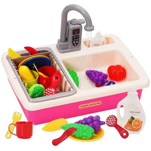 Image of Kids Kitchen Play Sink Toy Set Pretend Role Plays Kitchen Toys Play Sinks with Running Water,PlayFood,Cutting Plays Dishwasher with Automatic Water Cycle System Pink