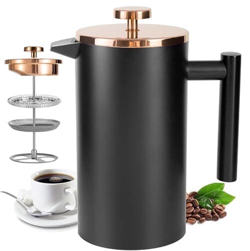Image of Wrobic Cafetiere French Press Small 350ml/12oz, Cafetiere Stainless Steel Double-Wall Metal Insulated Coffee Press, 3 Level Filtration System with 3 Extra Filter Screens, (1cup,Black)