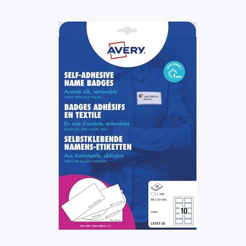 Image of Avery L4787-20 Customisable Printable Repositionable Name Badge Labels – Blue Border, 10 per A4 Sheet, 200 Badges Total