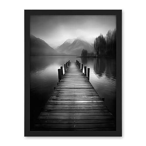 Image of Artery8 Lake Pier Mountain Landscape Black and White Photo Artwork Framed Wall Art Print 18X24 Inch