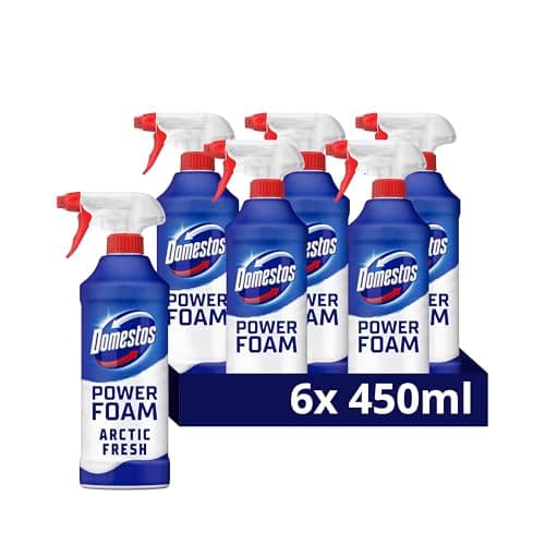 Image of Domestos Power Foam Arctic Fresh Toilet & Bathroom Cleaner Spray sprays upside down & eliminates 99.99% of germs for cleaning inside the toilet & around bathroom 6x 450 ml