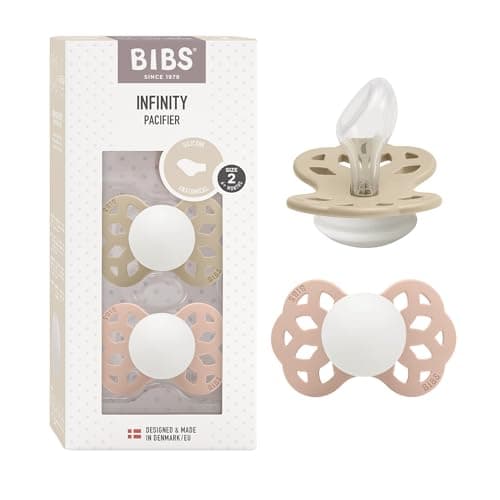 Image of BIBS Infinity Anatomical Glow in the Dark Soother 2-Pack, BPA Free, Orthodontic Nipple. Silicone, Made in Denmark, Size 2 (6-18 Months), Vanilla Glow/Blush Glow
