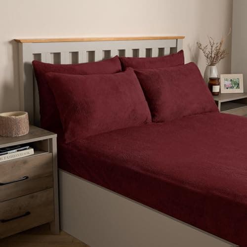 Image of OHS 2 Pack Teddy Fleece Pillowcases, Winter Warm Cosy Soft Teddy Pillowcases Fluffy Fleece Hotel Quality Thermal Pillowcases Luxury Bedding, Burgundy