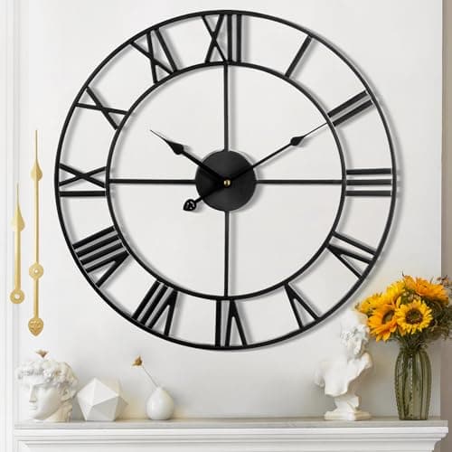 Image of Mee 2ou Large Wall Clock - 40cm/ 16 Inches Silent Non-Ticking Metal Wall Clock, Black, Vintage Modern Style, Battery Operated, Ideal for Living Room, Bedroom, Office, Farmhouse Decor