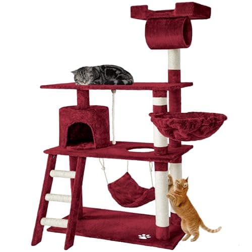 Image of tectake® Cat Tree, Multi-Level Activity Centre with Sisal Scratching Posts, Cosy House, Hammock, Basket & Climbing Frame, 141 cm Cat Tower for Kitten and Cats - Wine Red