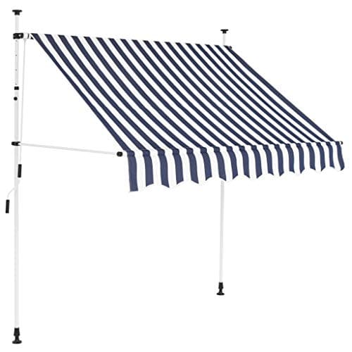 Image of vidaXL Manual Retractable Awning - Blue and White Striped Polyester Fabric Cover, PU Coated, Weather, UV, Water and Dirt Resistant, Adjustable Crank Handle, Easy Assembly