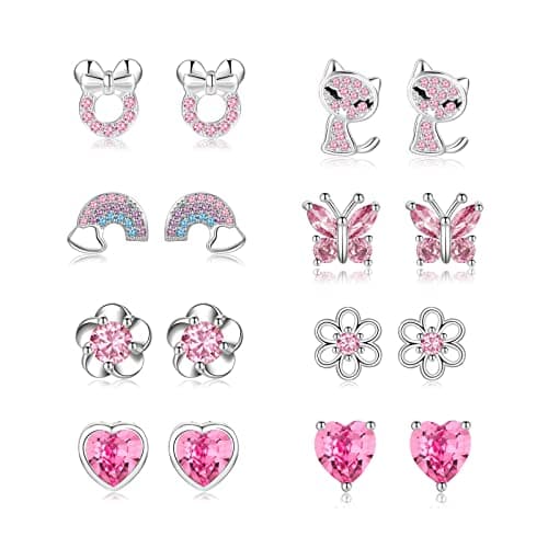 Image of 925 Sterling Silver Earrings,8 Pair Silver Studs Earrings for Women Hypoallergenic Kids Earring Sterling Silver Stud Earring for Teenage Girls Ages 3-18 Childrens Cubic Zirconia Stud Set