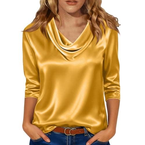 Image of Satin Tops Blouses for Women UK 3/4 Sleeve Silk Ladies Tops Cowl Neck Top Elegant Casual Business Shirts Orange Blouse XL 65