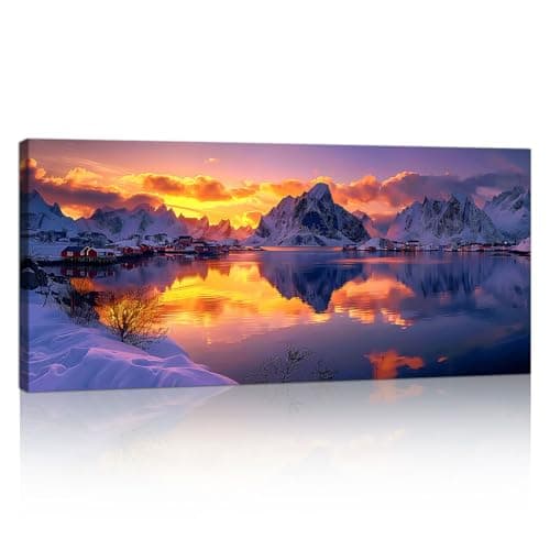 Image of FajerminArt Large Framed Canvas Wall Art, Sunset Over Snowy Mountains Pattern, Landscape Nature Scene, Ready To Hang, Living Room Decor, 120x50cm