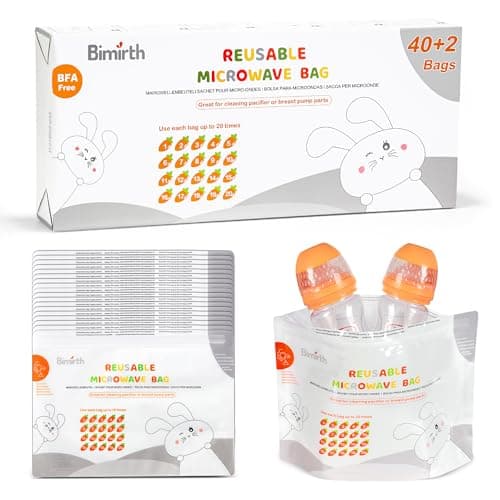 Image of Bimirth Microwave Steriliser Bags, Steam Steriliser Bags, Pack of 42 Reusable, Cleaning Baby Bottles, Pacifier, Teethers & Training Cups, 20 Uses Per Bag, Only 3 Minutes, Marking System, Chemical Free