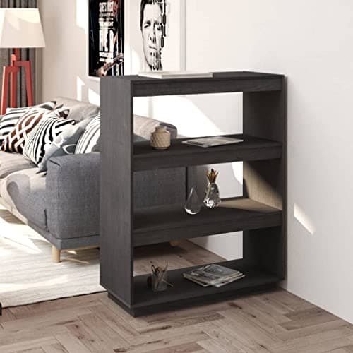 Image of SooIarix Grey Bookcase, 80 x 35 x 103 cm, Solid Pine Wood, Standing Shelf with 3 Compartments, Versatile Room Divider for Living Room and Office