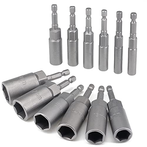 Image of 12 Pcs Deep Socket Set 6-19mm Hexagon Nut Setter Driver Drill Bits Set, 1/4 hex Shank, Long Reach Impact Driver Nut Runners Bolt Extractor Sockets Power Tool, Quick Change