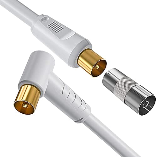 Image of Ancable 1M TV Aerial Coaxial Cable Male to Male, Right Angle Satellite Cable RF TV Antenna Coax Gold Plated Connectors White Flylead for Sky/SkyHD, Virgin, BT,TV, VCR or DVD players with Coupler