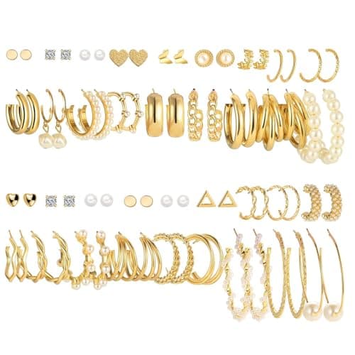 Image of DAVBNM 36 Pairs Gold Earrings Set for Women Girls Hoop Earrings Set Boho Drop Dangle Earring Pack Fashion Pearl Multipack Stud Huggie Earings Stacks for Multiple Piercing Dainty Statement Earring