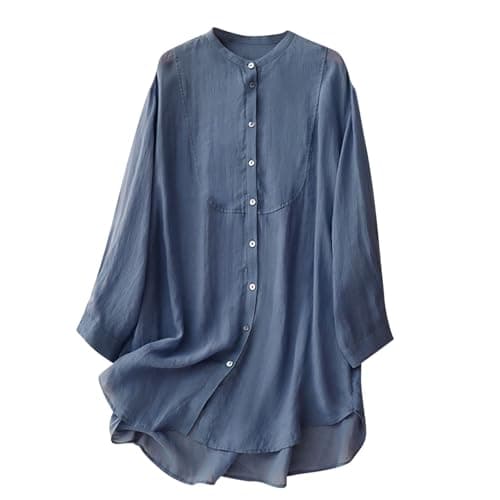 Image of Tops for Women UK Long Sleeve Longline Shirts Plus Size Solid Casual Tunic Tops Crew Neck Oversized Swing Top Long Length Blouse Plain Button Down Shirts Ladies Trendy Blouses Blue