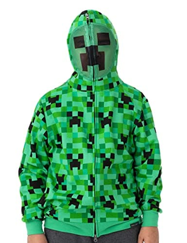Image of Minecraft Game Creeper Camo Face Zip Up Fleece Hoodie for Boys & Girls – Green, Kids/Youth Size Small