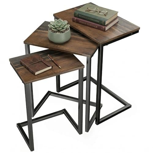 Image of HOMCOM Nesting Side Tables Set of 3, C-Shaped Sofa Side Tables with Steel Frame for Sofa Couch and Bed, Rustic Brown