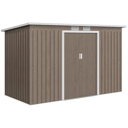 Image of Outsunny 9ft x 4ft Metal Garden Shed, Outdoor Tool House with Foundation Kit, Ventilations and Double Doors, Light Grey Wood Grain