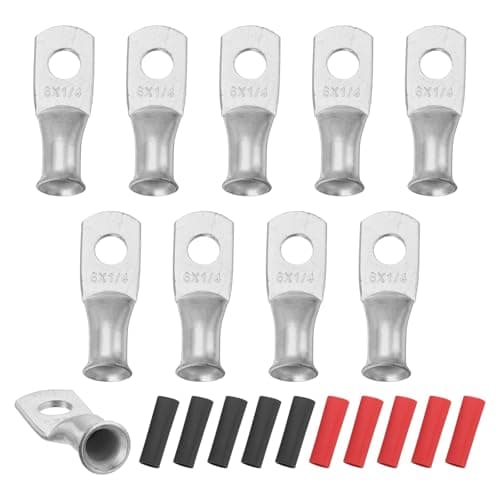 Image of sourcing map 10pcs 6 AWG M6 Battery Lugs Ring Terminals, 1/4" 6mm Stud Crimp Wire Terminal Connector End Copper, 3:1 Heat Shrink Tubing, Silver