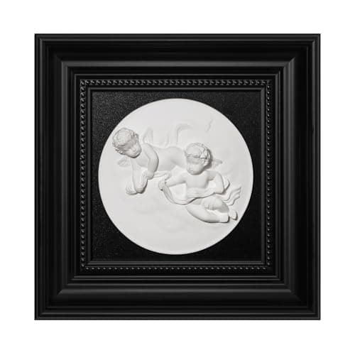 Image of FOLKOR LIFE Framed Black and White Wall Art Sculpture with Cherub Angels for Vintage Decor, Antique Greek Mythology Framed Plaster Relief Wall Decor for Room, Hallway, Entryways Decoration