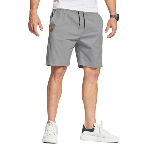 Image of JustSun Mens Shorts Casual Summer Shorts Men with Pockets Mens Cotton Chino Sports Shorts with Elastic Waist Grey M