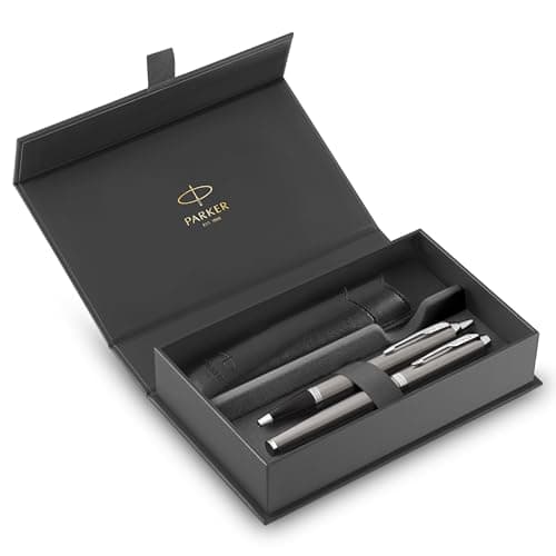 Image of Parker IM Duo Pen Gift Set | Fountain Pen, Ballpoint Pen & Pen Pouch | Stainless Steel Finish with Chrome Trims | Medium Tip | Blue Ink Refills | Perfect Graduation Gifts