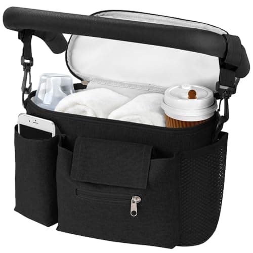 Image of HOTUT Pram Bag,Upgraded Pram Organiser with Touch Screen Phone Pocket,Stroller Organizer with 2 Mesh Bag and Adjustable Shoulder Strap,Baby Pushchair Organiser for Diapers,Wipes,Bottles,Keys(Black)