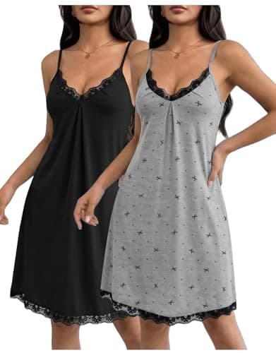 Image of Ekouaer 2 Pack Nighties for Women Lace Nightwear Strap V Neck Nightdresses Chemise Sexy Negligee Sleeveless Nightshirt Bow Gray+Black M
