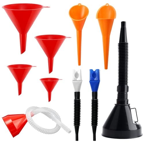 Image of 10Pcs Automotive Funnels Set,Funnel for Car,Right Angle Flexible Plastic Funnel Set with Filter and Detachable Hose,Wide Mouth Fuel Funnels and Long Mouth Funnels for Water/Gasoline/Coolant/Engine Oil