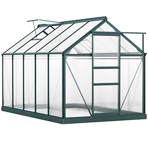 Image of Outsunny 6 x 10ft Polycarbonate Greenhouse, Large Walk in Green House with Slide Door and Window, Garden Plants Grow House with Aluminium Frame and Foundation, Dark Green