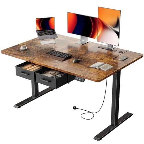 Image of Precision Synergie Electric Standing Desk with 2 Drawers, 120 x 80 cm Height Adjustable Standing Desk with Power Outlets and USB Ports, Sit Stand Table with Memory Smart Pannel for Home Office, Brown