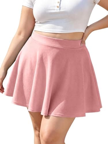 Image of Moon Wood Plus Size Mini Skater Skirt- Basic Versatile High Waisted Flared Casual Stretchy Skirts for Women, Pink, XXX-Large