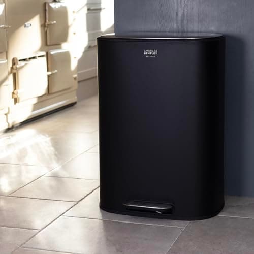 Image of CHARLES BENTLEY Kitchen Bin, 50 Litre Capacity, Black, Pedal Function, Kitchen Bin, Rubbish Bin, Waste Bin, Pedal Bin, Black Bin, Soft Close Function, Easy Wipe Clean, Stainless Steel (63.7x37.3x46cm)