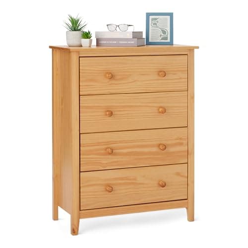 Image of Amazon Basics Chest of Drawers, 4 Drawer Cabinet, Bedroom Storage Dresser, Solid Pine Wood,Oak, 39.5 x 75.2 x 100 cm