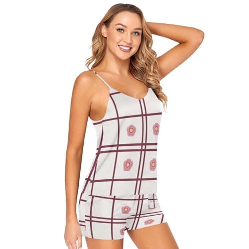 Image of Two Piecing Short Pajama Sets for Women, Burgundy Cream Plaid with Ranunculus Pattern 13, V Neck Sleepwear S, Burgundy Cream Plaid With Ranunculus Pattern 13, M