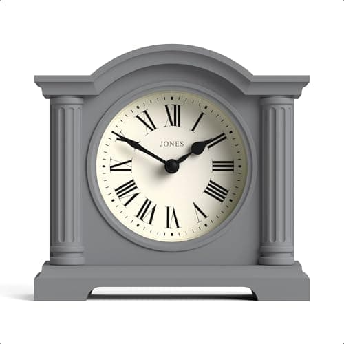 Image of Jones Clocks® Kensington mantel clock | Small classic arch top clock | Grey | Stylish & contemporary | Ideal for desk, mantelpiece, bookshelf or bedside