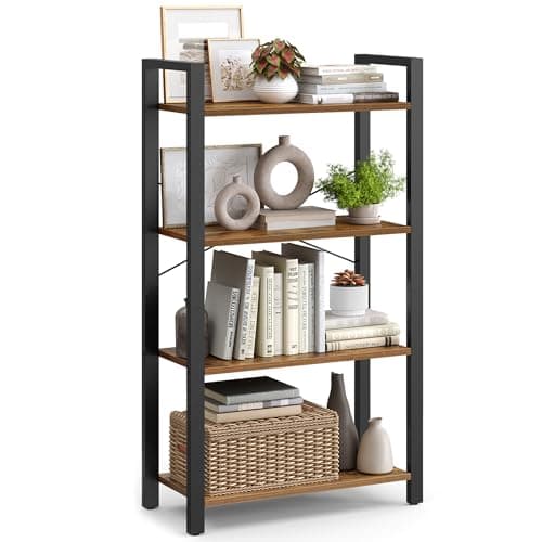 Image of VASAGLE 4-Tier Bookshelf, Bookcase, Shelving Unit, for Office, Study, Living Room, Bedroom, 30 x 66 x 120 cm, Industrial, Rustic Brown and Ink Black LLS60BX
