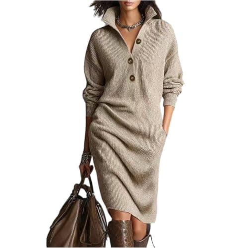 Image of BUhuiBabubu Midi Jumper Dress for Women UK Long Sleeve Button V Neck Ladies Autumn Winter Knitted Elegant Sweater Dresses with Pockets Gifts for Women,Khaki,XL,u698k
