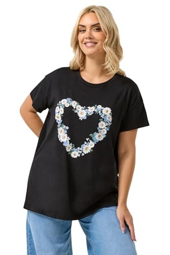 Image of Yours Curve Daisy Heart T-Shirt - Women's - Plus Size Curve Black