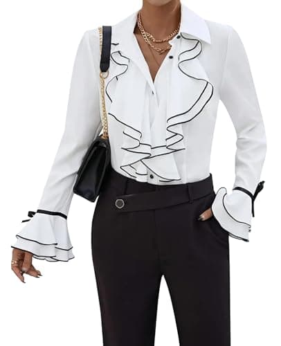 Image of MINTLIMIT Ruffle Blouse for Women Neck Stand-Up Collar Long Sleeve Victoria Frilly Neck Blouse Shirt Tops White