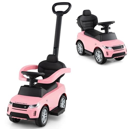 Image of GYMAX 3 in 1 Kids Ride on Push Car, Toddler Push Along Car with Handle, Guardrails, Sound & Horn, Underneath Storage, Licensed Land Rover Discovery Sliding Toy for 12-36 Months (Pink)