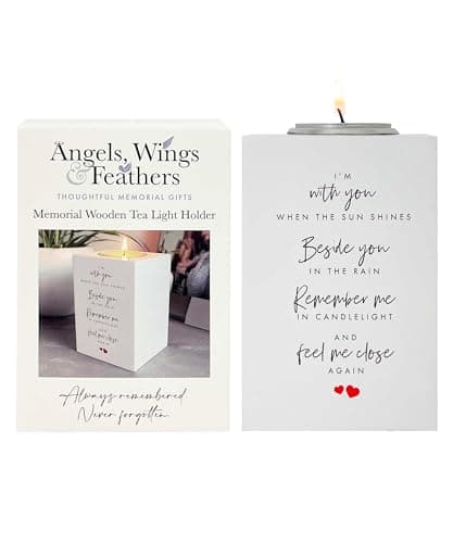 Image of Wooden Memorial Candle Tealight Holder – Bereavement Gifts – Sympathy Gift for Remembrance – 10×7×7 cm Poem Engraved Holder for Comforting Friends & Family – Angels Wings & Feathers