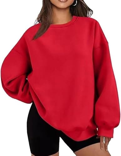 Image of LACOZY Crew Neck Sweater Women Oversized Fleece Lined Sweatshirt Long Sleeve Crewneck Shirts Fall Outfits Red XL