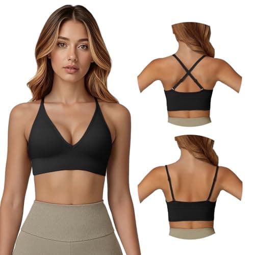 Image of Fiohiros Deep V Sports Bras Women, Sports Bra with Adjustable Spaghetti Strap, Non Wired, Removable Pads, Stretchy Padded Sports Bra for Yoga, Running (UK, Alpha, S, Regular, Regular, Black)