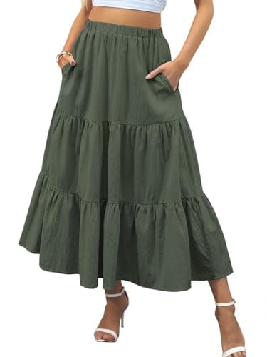 Image of Zeagoo Skirts for Women Elegant Maxi Skirt Casual A Line Midi Length Skirts Swing Elasticated Skirt with Pocket Army Green XL