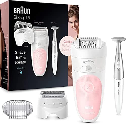 Image of Braun Silk-épil 5 Epilator for Hair Removal, 3 in 1, Includes Shaver & Trimmer Head, Cordless, Gentle Hair Removal Setting, Wet & Dry, 100% Waterproof, 2 Pin Bathroom Plug, 5-820, White/Pink