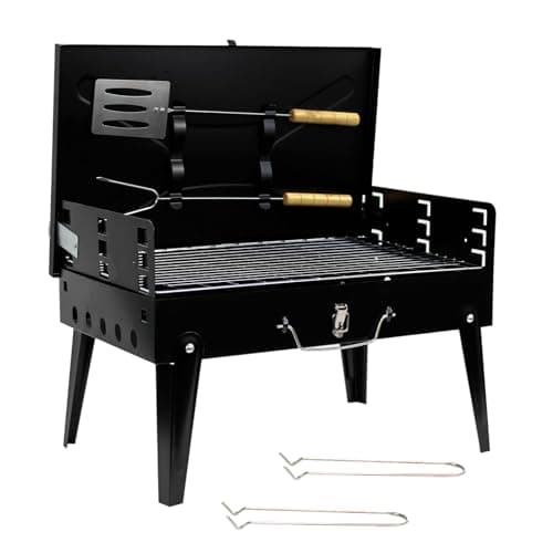 Image of Crystals Portable Charcoal BBQ Grill, Foldable Stainless Steel Camping Barbecue with Tool Set, Small Travel Mini BBQ for Garden, Picnic & Outdoor Cooking, Black