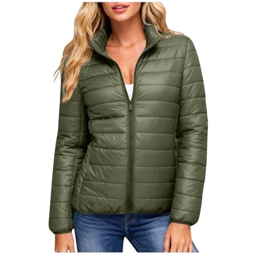 Image of women's jackets Womens Coats UK Winter Puffer Jackets Lightweight Waterproof Padded Down Jacket Zipper Stand Collar Quilted Coat Warm Sport Outerwear Outfits with Pockets Army Green XXL