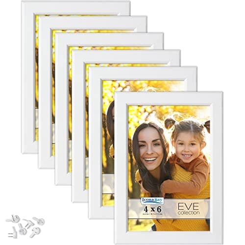 Image of Icona Bay 6x4 Picture Frames (White, 6 Pack), Modern Double-Bevelled Frame, Tabletop or Wall Mount, Eve Collection